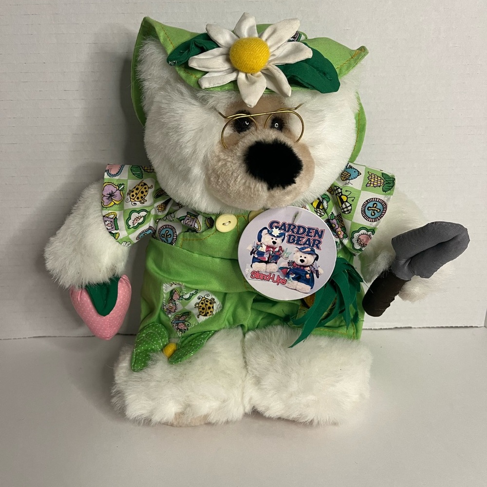 Vintage 1998 Joelson 12" Garden Stand-Ups Bear Plush Green Strawberry daisy